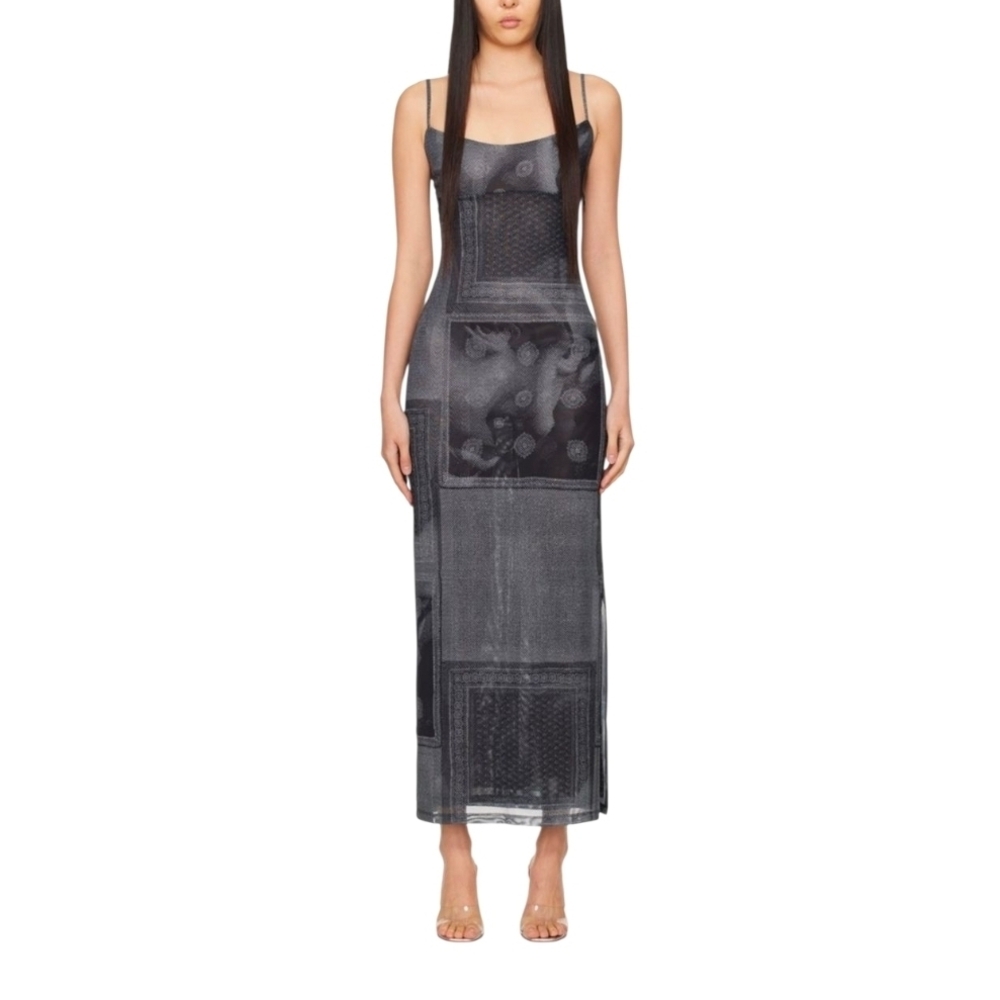 MIAOU | Thais Black & White Graphic Print Mesh Maxi Dress XXS